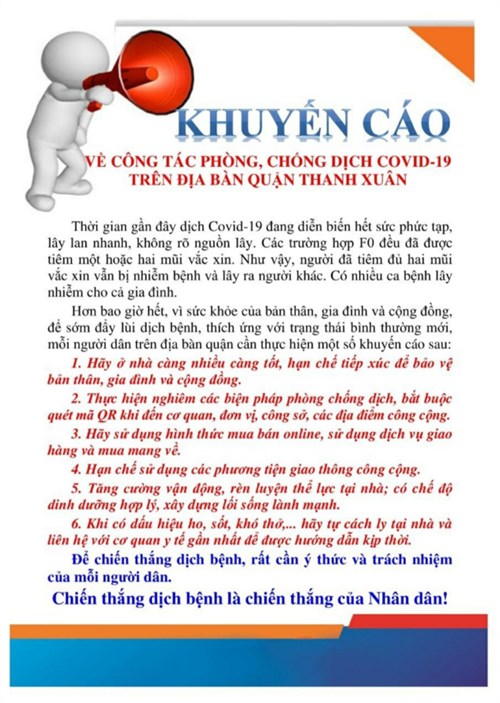 Khuyến cáo về công tác phòng, chống dịch Covid-19 trên địa bàn quận Thanh Xuân